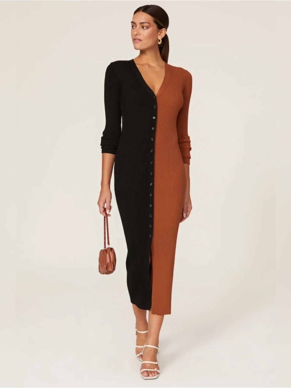 Staud Shoko Ribbed Two-Tone Button-Front Midi Dress - Black & Brown